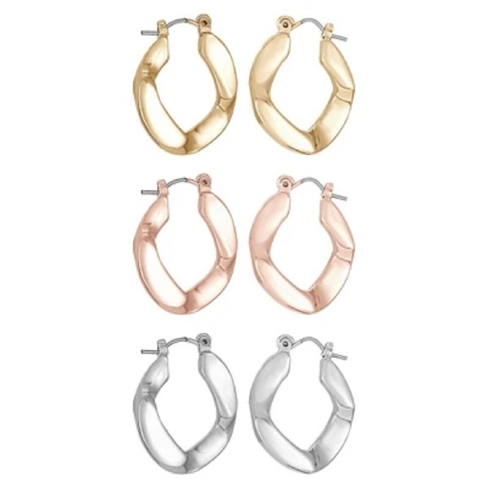 3-Pair Tri-Tone Contoured Hoop Earrings